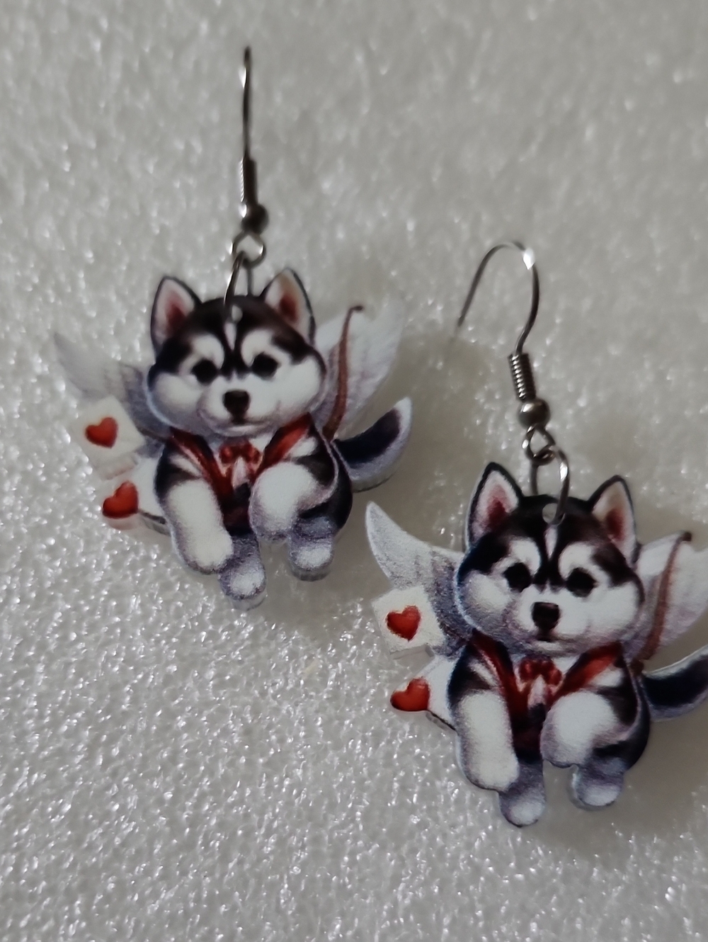 Hand Crafted Black White and Red Husky Angel Earrings